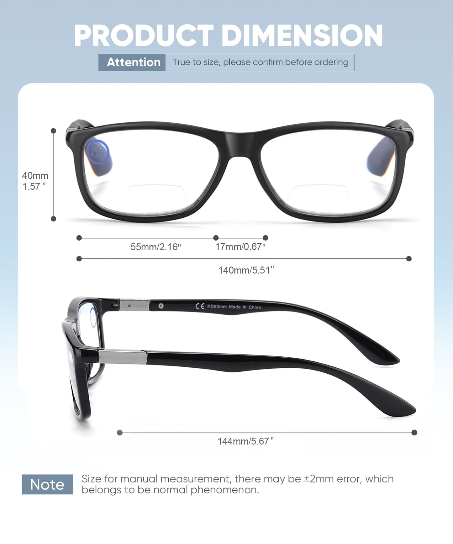 Missfive 2 Pack Classic Bifocal Reading Glasses for Men Women, Premium Metal Spring Hinge Lightweight Frame Readers, Anti Blue/UV Protection Near-Far Dual-Use Eyewear, Black & Blue