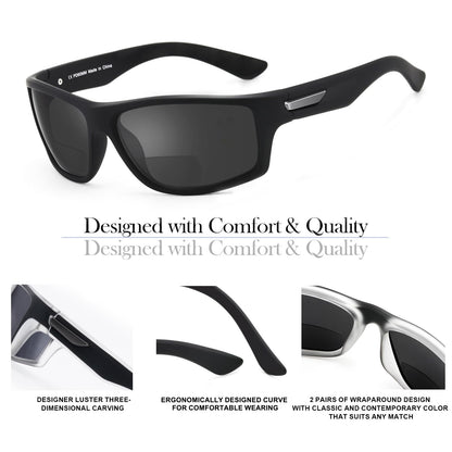 Missfive 2-Pack Mens Ultimate Bifocal Sunglasses with Readers Built In Sporty Upgraded Wrap Frame, UV400 Protection Driving & Reading Glasses for Outdoor (Dark/Brown)