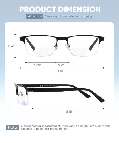 Missfive 2 Pack Mens Bifocal Reading Glasses, Blue Light Blocking Far Near Dual-use Readers, Durable Spring Hinge Quality Metal Frame Eyeglasses, Black & Gunmetal