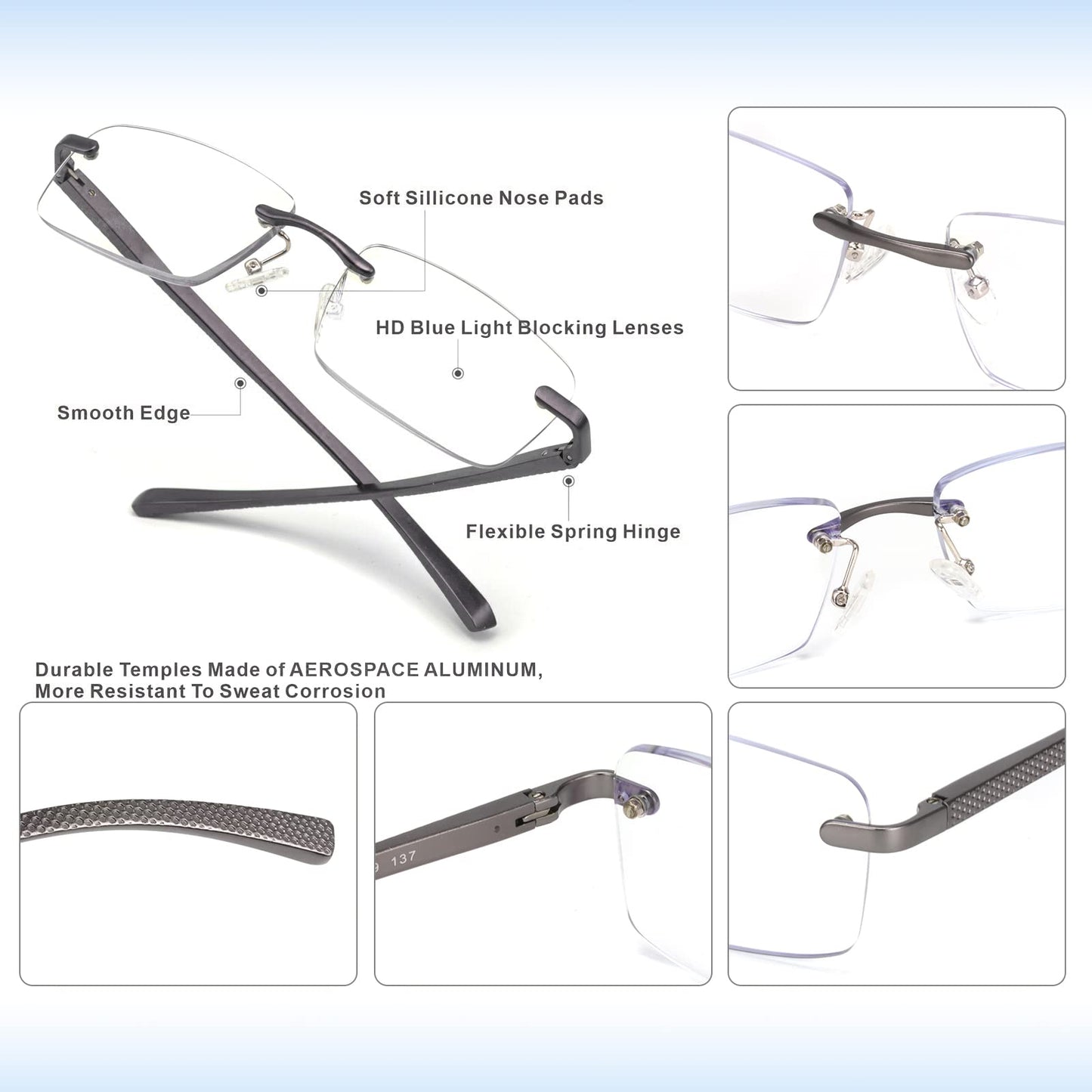Missfive Premium Aluminum Progressive Multifocus Reading Glasses Men Blue Light Blocking, No-Line Spring Hinge Rimless Office Multifocal Metal Readers, Workspace for Near Range, Gunmetal