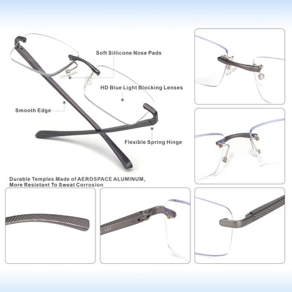 Missfive Premium Aluminum Progressive Multifocus Reading Glasses Men Blue Light Blocking, No-Line Spring Hinge Rimless Office Multifocal Metal Readers, Workspace for Near Range, Gunmetal