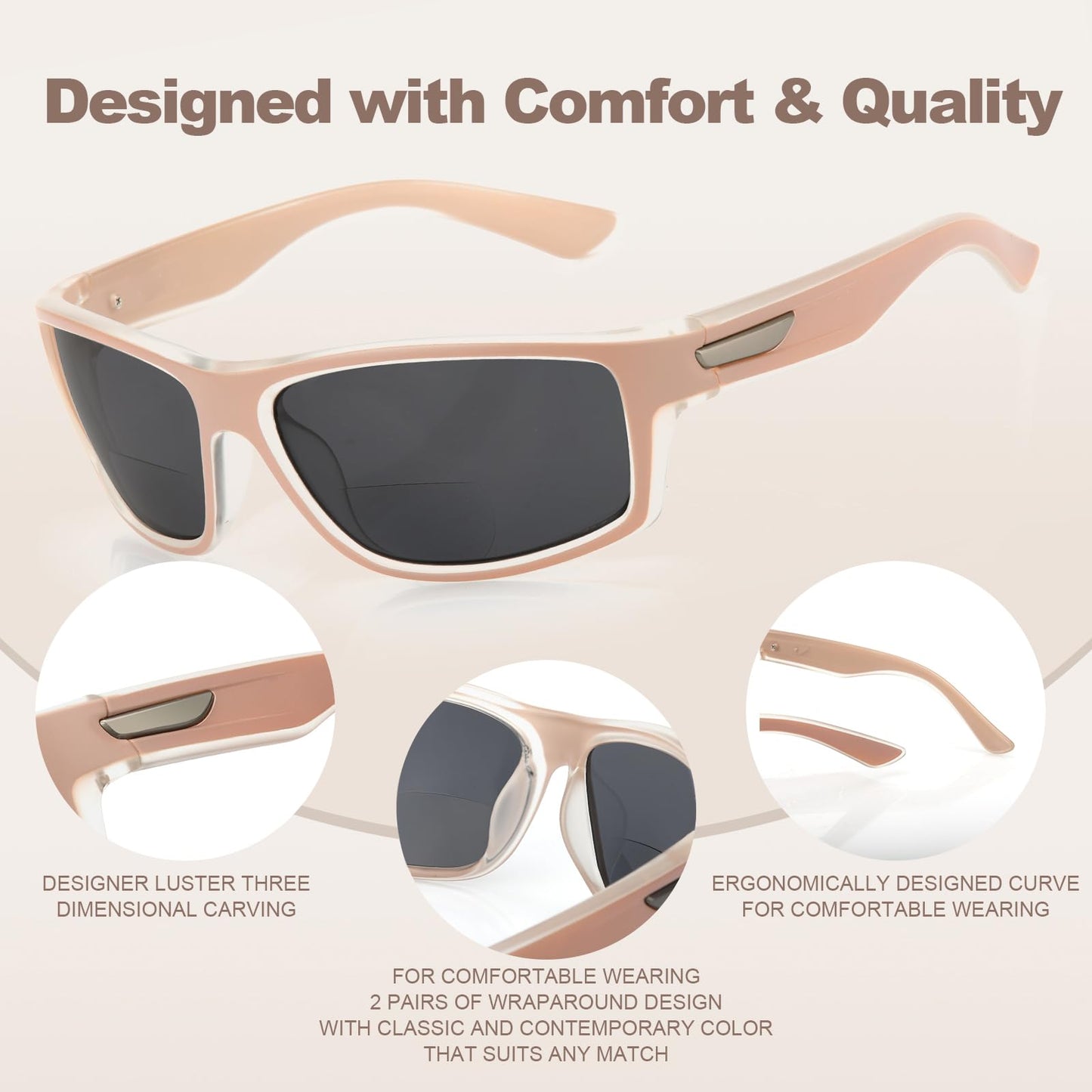 Missfive 2-Pack Bifocal Sunglasses with Readers Built In Sporty Upgraded Wrap Frame, UV400 Protection Driving & Reading Glasses for Outdoor (Soft-Tone)，Pink & White