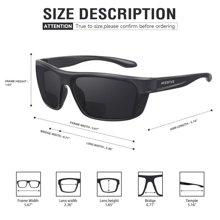 Missfive Premium Bifocal Reading Sunglasses Men Lightweight Wrap Around Design Sun Readers, UV Protection, TR90 Frame Sports/Outdoor/Driving, Black & Teal