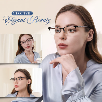 Missfive Premium Progressive Multifocus Metal Reading Glasses Women & A Case, Quality Spring Hinge Blue Light Blocking No Line Lens Multifocal Readers(for Mid-Near Workspace_ Classic Black)