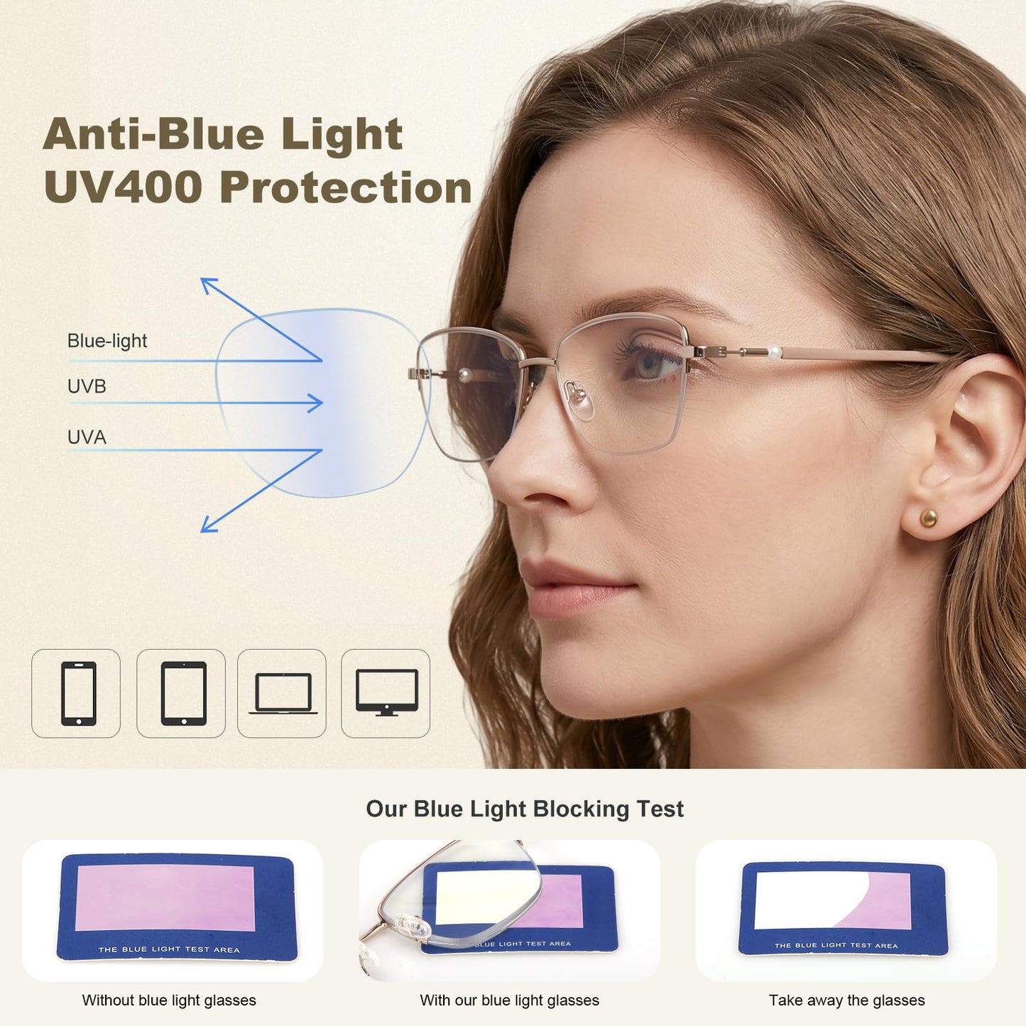 Missfive 2 Pack Pearl Progressive Multifocal Reading Glasses Women, Flattering Durable & Lightweight Metal Half-Frame, Blocks Blue Light & UV, Convenient Chain, 2pack No-Line Multifocal Readers