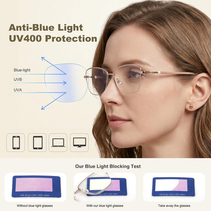 Missfive 2 Pack Pearl Progressive Multifocal Reading Glasses Women, Flattering Durable & Lightweight Metal Half-Frame, Blocks Blue Light & UV, Convenient Chain, 2pack No-Line Multifocal Readers