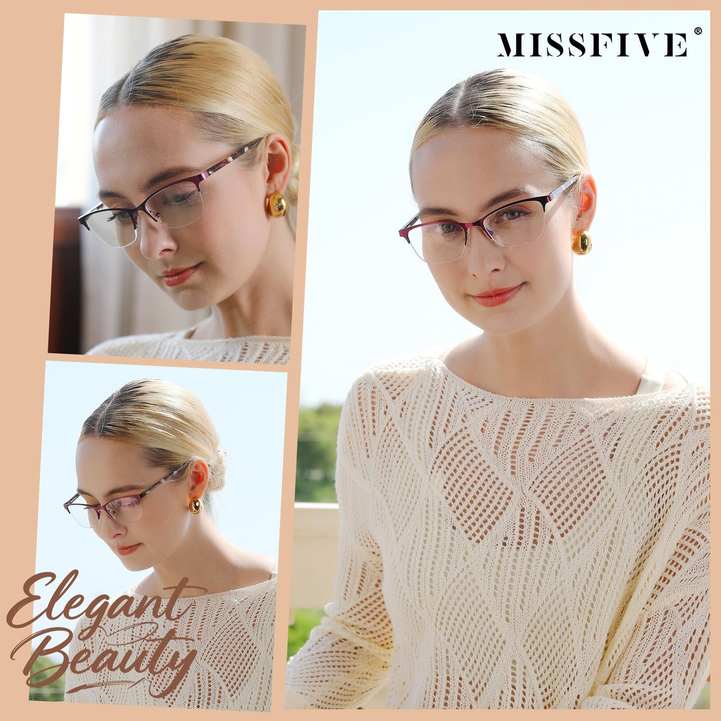 Missfive Premium Progressive Multifocus Metal Computer Reading Glasses For Women & A Hard Case, Quality Spring Hinge No Line Multifocal Readers (Workspace For Near Range )