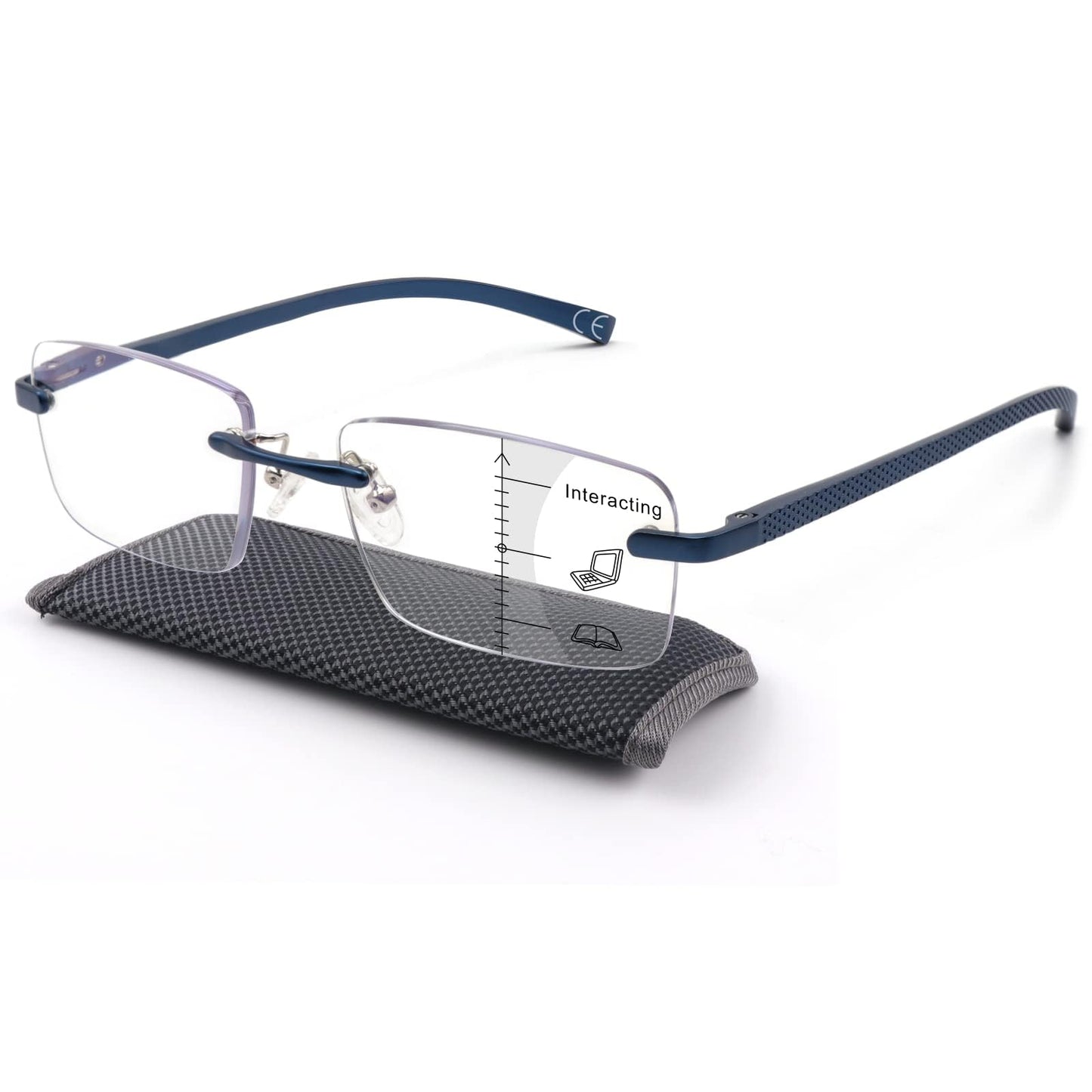 Missfive Premium Aluminum Progressive Multifocus Reading Glasses Men Blue Light Blocking, No-Line Spring Hinge Rimless Office Multifocal Metal Readers for Near Range Workspace, Sapphire