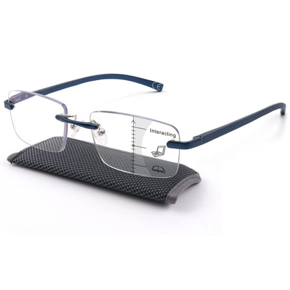 Missfive Premium Aluminum Progressive Multifocus Reading Glasses Men Blue Light Blocking, No-Line Spring Hinge Rimless Office Multifocal Metal Readers for Near Range Workspace, Sapphire