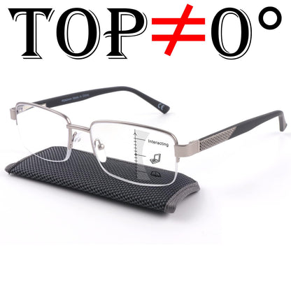 Missfive Men Premium Multifocus Reading Glasses Blue Light Blocking, Progressive Metal Frame With No Broken Spring Hinge Multifocal Readers Computer Eyewear,Workspace For Near Range, Silver