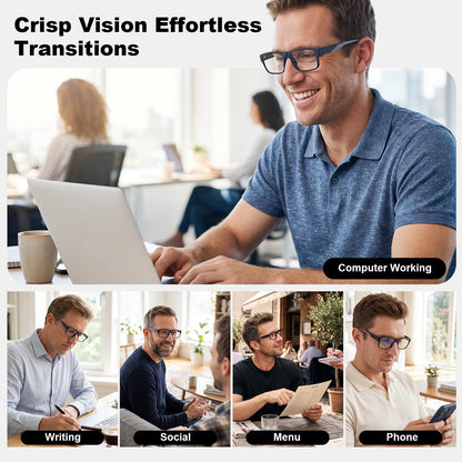 Missfive Thicken TR90 Progressive Multifocus Reading Glasses Men, Strong & Flexible 5-barrel Metal Spring Hinges, Solid Thickened Arms, No-Line Blue Light Filter Multifocal Computer Readers