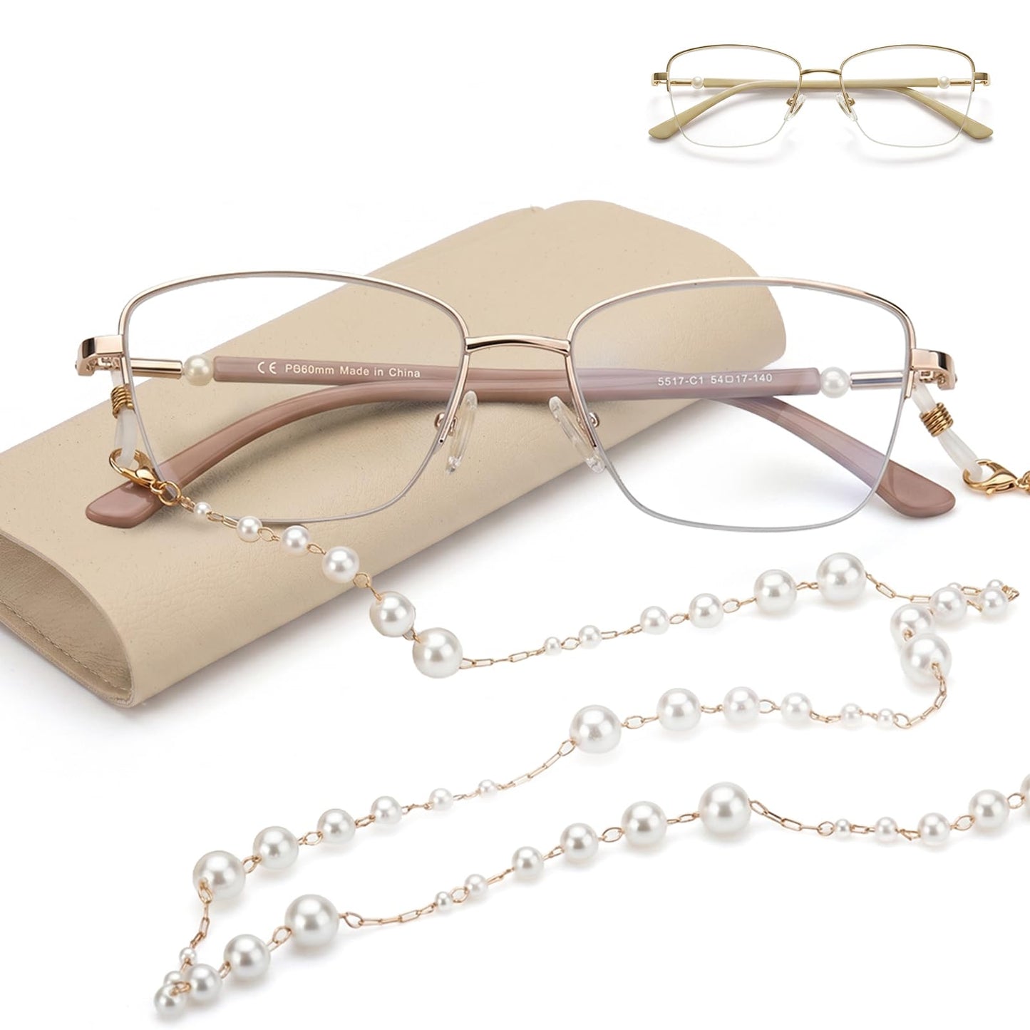 Missfive 2 Pack Pearl Progressive Multifocal Reading Glasses Women, Flattering Durable & Lightweight Metal Half-Frame, Blocks Blue Light & UV, Convenient Chain, 2pack No-Line Multifocal Readers