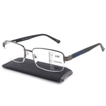 Missfive Mens Premium Multifocus Reading Glasses 0 Power on Top Center, Blue Light Blocking Far/Mid/Near Progressive Multifocal Readers Metal Frame With No Broken Spring Hinge