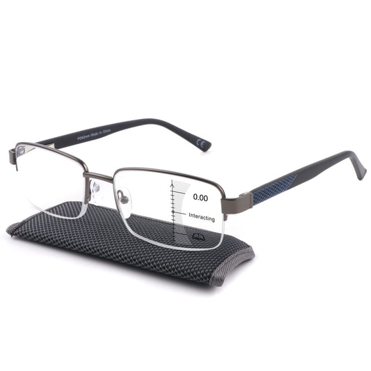 Missfive Mens Premium Multifocus Reading Glasses 0 Power on Top Center, Blue Light Blocking Far/Mid/Near Progressive Multifocal Readers Metal Frame With No Broken Spring Hinge