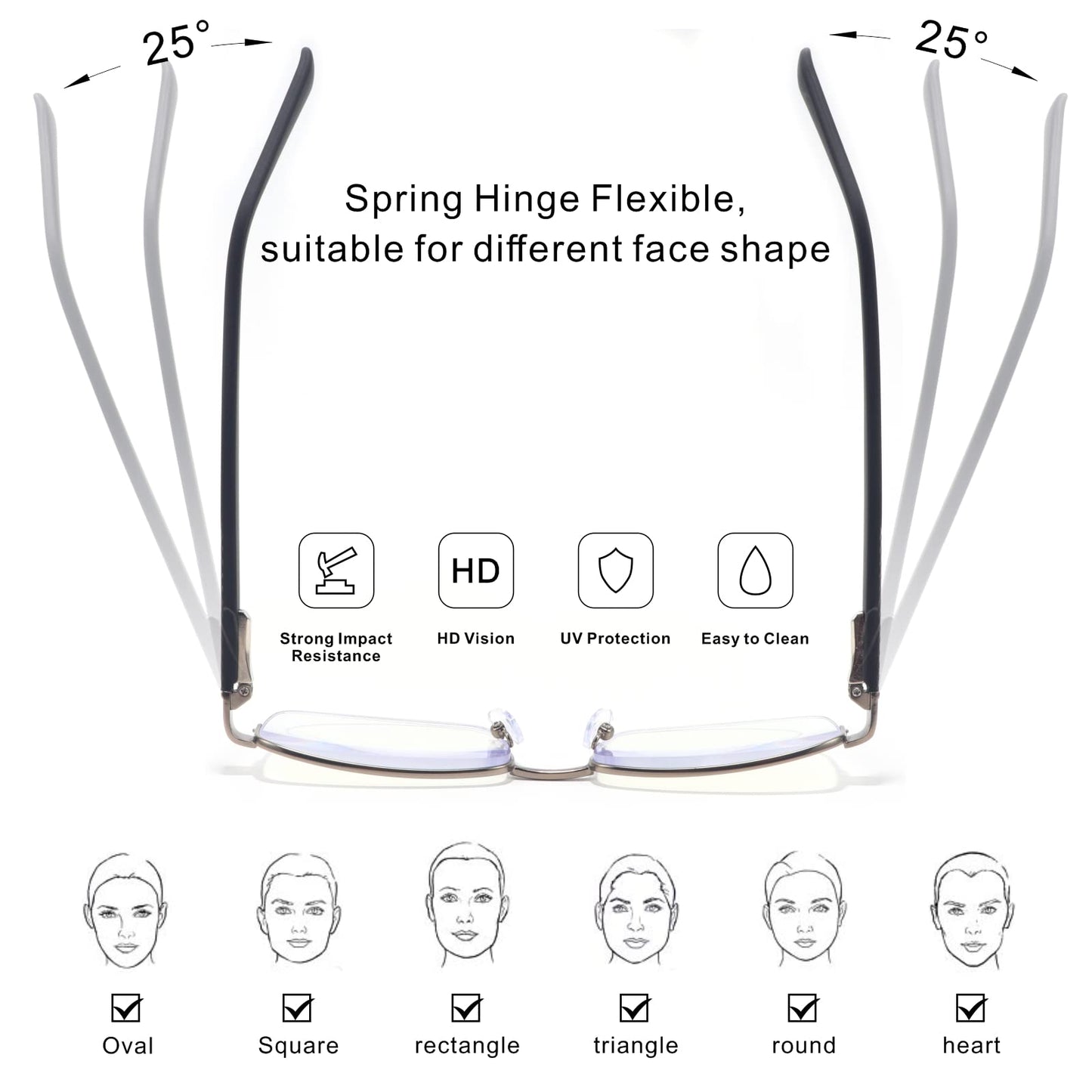 Missfive Mens Premium Multifocus Reading Glasses 0 Power on Top Center, Blue Light Blocking Far/Mid/Near Progressive Multifocal Readers Metal Frame With No Broken Spring Hinge