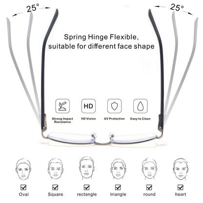 Missfive Mens Premium Multifocus Reading Glasses 0 Power on Top Center, Blue Light Blocking Far/Mid/Near Progressive Multifocal Readers Metal Frame With No Broken Spring Hinge